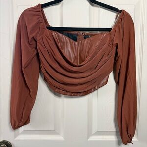 Windsor Brown Crop Top Blouse Faux Leather Sheer Long Sleeve - XS